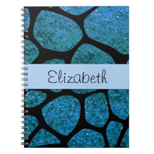 Caderno Espiral Blue Giraffe, Blue Glitter, Jungle, Seu Nome