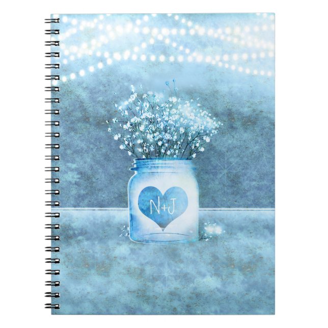 Caderno Espiral Blue Heart Mason Jar & Baby's Breath Rustic (Frente)