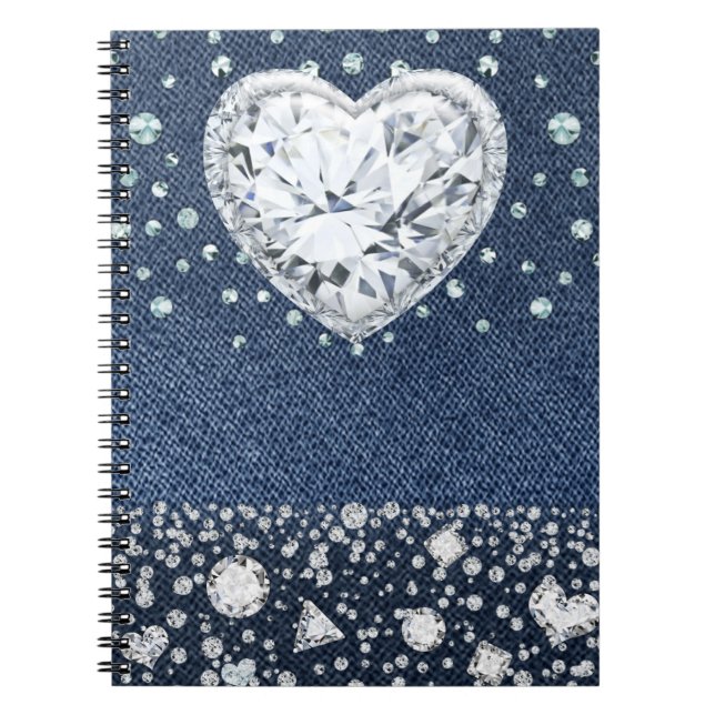 Caderno Espiral Blue Jean Denim e Diamantes Bling Coração Diamante (Frente)