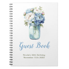 Caderno Espiral Blue Peonies Mason Jar Birthday Party Guest Book