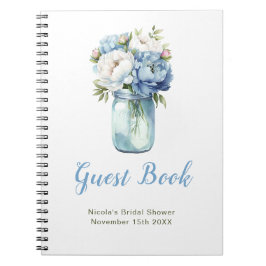 Caderno Espiral Blue Peonies Mason Jar Bridal Shower Guest Book