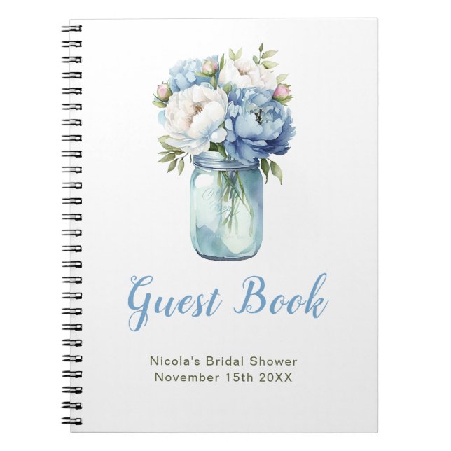 Caderno Espiral Blue Peonies Mason Jar Bridal Shower Guest Book (Frente)