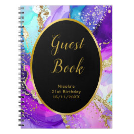 Caderno Espiral Blue, Purple and Gold Birthday Party Guest Book