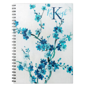 Caderno Espiral Blue Watercolor Blooms   Monograma