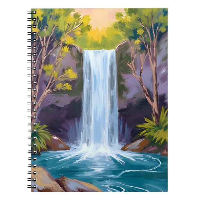 Caderno Espiral Blue Waterfall | Forest Landscape Nature Painting (Frente)