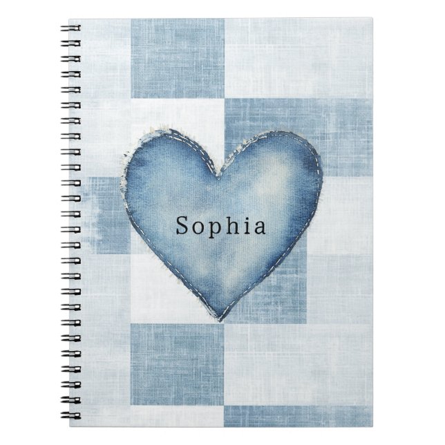 Caderno Espiral Blue White Denim Jean Heart Personalization Name (Frente)