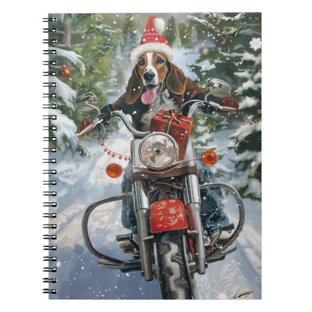 Caderno Espiral Bluetick Coonhound Dirigindo motocicleta Natal (Frente)