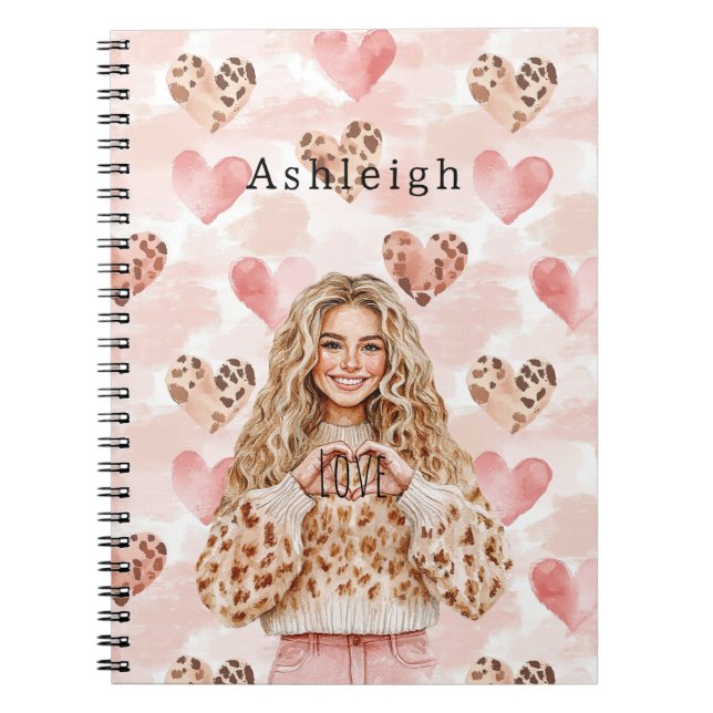 Caderno Espiral Blush Pink Cream Leopard Hearts (Frente)