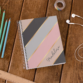 Caderno Espiral Blush Rosa Bege Cinza Listrado Personalizado