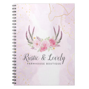 Caderno Espiral Blush Rosa Mármore Dourado Floral Rústico Galhadas