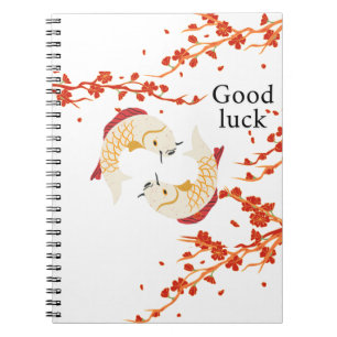 Caderno Espiral Boa Sorte de Peixe Koi com Sakura   Japonês Elegan