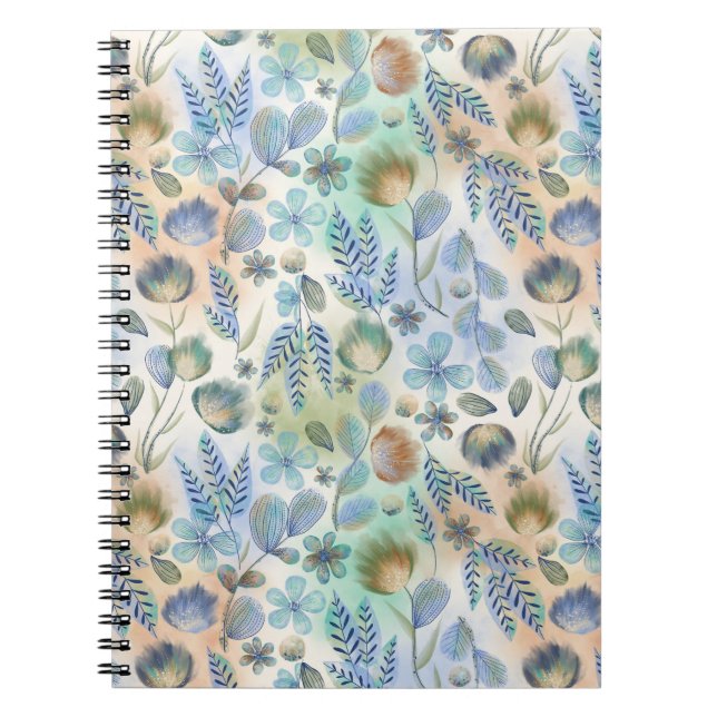 Caderno Espiral Boho Azul Verde Floral Botânico Caprichoso  (Frente)