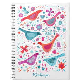 Caderno Espiral Boho Birds and Flowers Watercolor Nome Personaliza