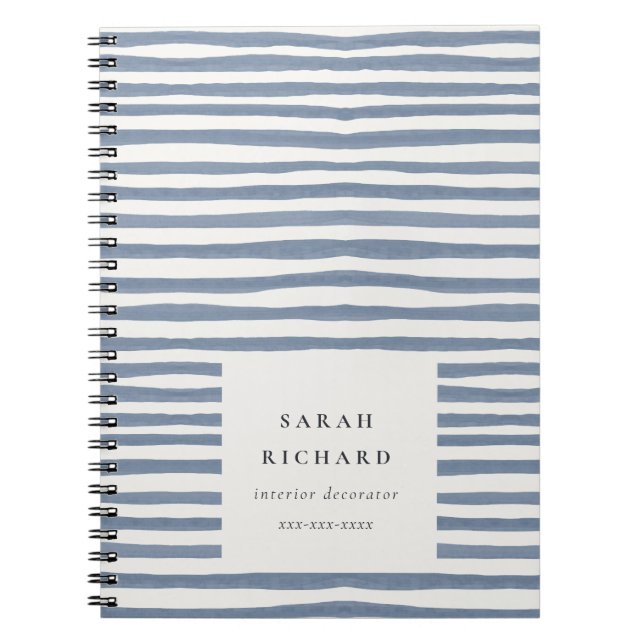 Caderno Espiral Boho Chic Azul Desbotado Listras Desenhadas à Mão  (Frente)