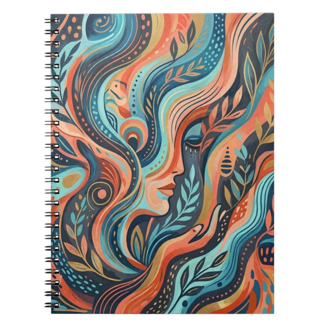 Caderno Espiral Boho Chic Deusa Espiritual com Folhas Foto  (Frente)