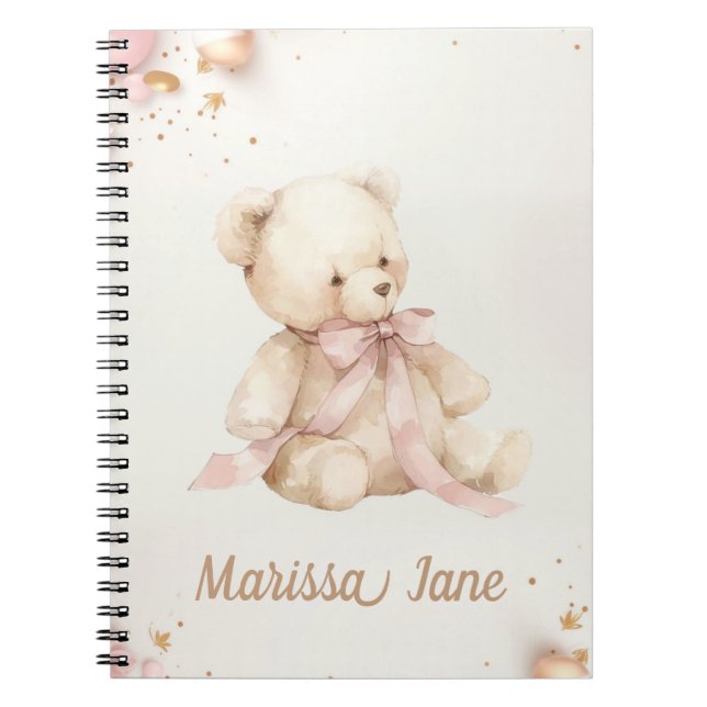 Caderno Espiral Boho Chic Rosa Pastel e Urso de Pelúcia Marrom (Frente)