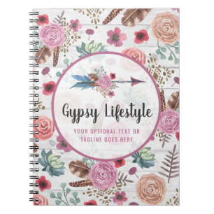 Caderno Espiral Boho Chic Rústico Flecha de Pena Aquarela Boêmio