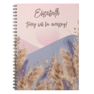 Caderno Espiral Boho Elegante Pastel Pampas Grass Natureza Rosa-Ro