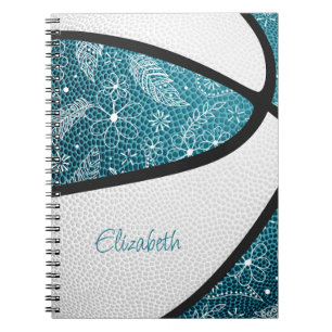 Caderno Espiral Boho esportes de rabanete teal white basquete