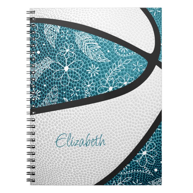 Caderno Espiral Boho esportes de rabanete teal white basquete (Frente)