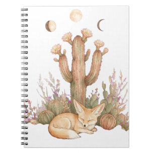 Caderno Espiral Boho Raposa Fennec do Deserto Dormindo sob Cacto S
