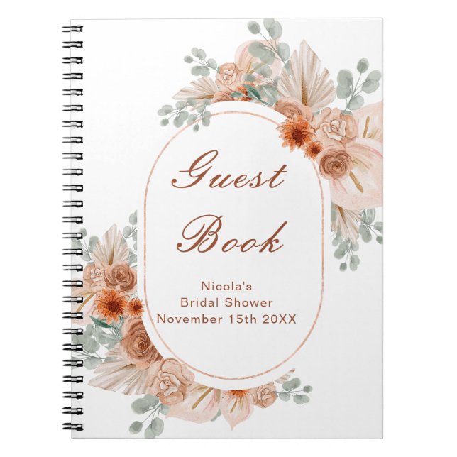 Caderno Espiral Boho Terracotta Pampas Grass Bridal Shower Guest  (Frente)