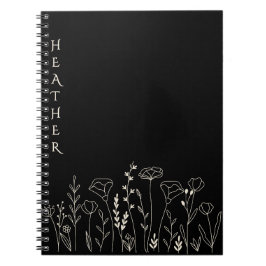 Caderno Espiral Boho Wildflower Personalized Black Gift for Her