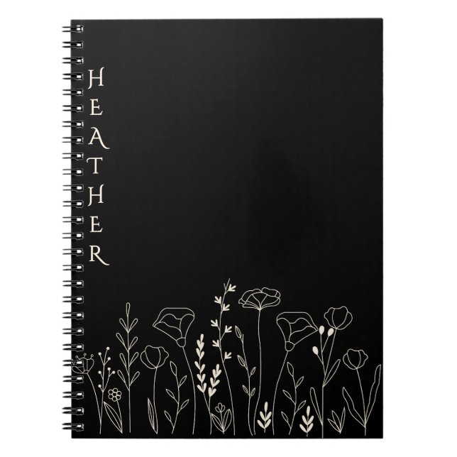 Caderno Espiral Boho Wildflower Personalized Black Gift for Her (Frente)