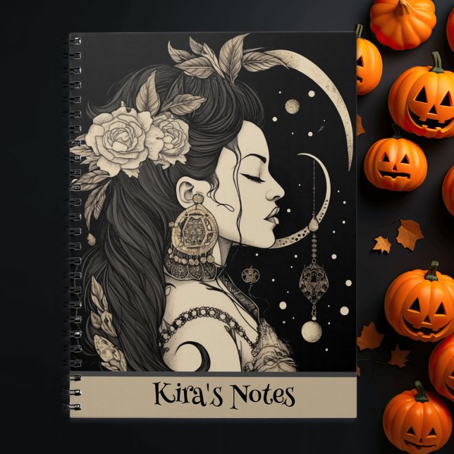 Caderno Espiral Boho Witchy, Estrelas Celestiais da Lua, Preto (Criador carregado)