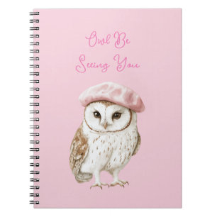 Caderno Espiral Boina Rosa Chic Marrom Branco Coruja Estará Vendo
