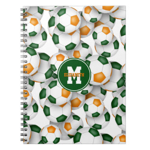 Caderno Espiral bolas de futebol verdes laranja padrão esportes cr