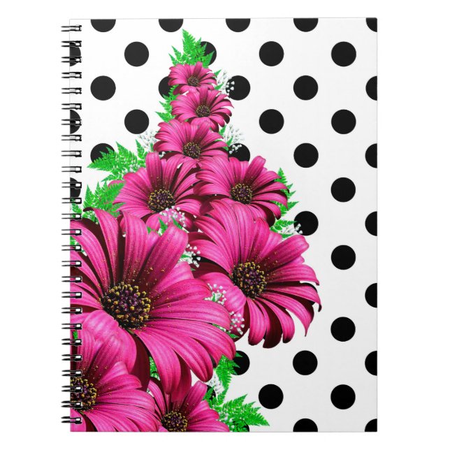 Caderno Espiral Bolinhas bonito de Flores Rosa (Frente)