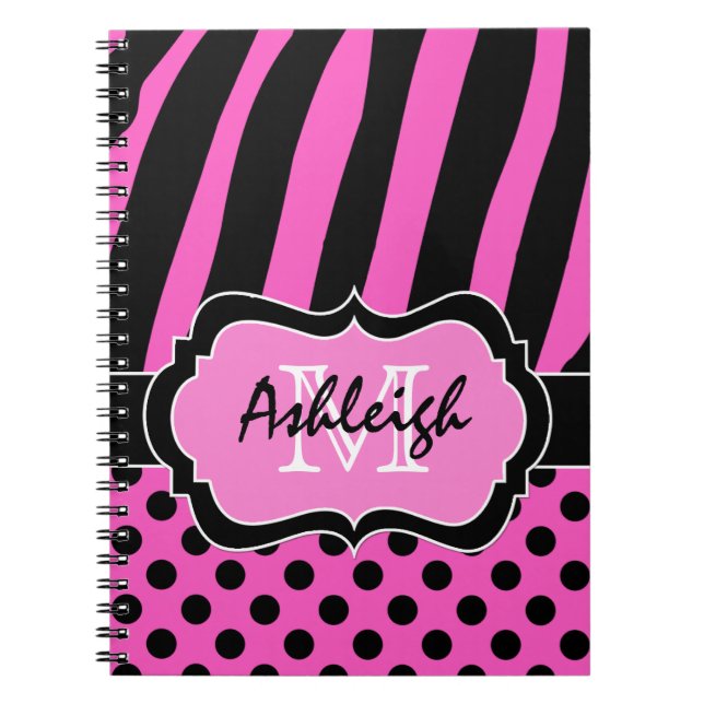 Caderno Espiral Bolinhas brancas e pretas, cor-de-rosa, personaliz (Frente)