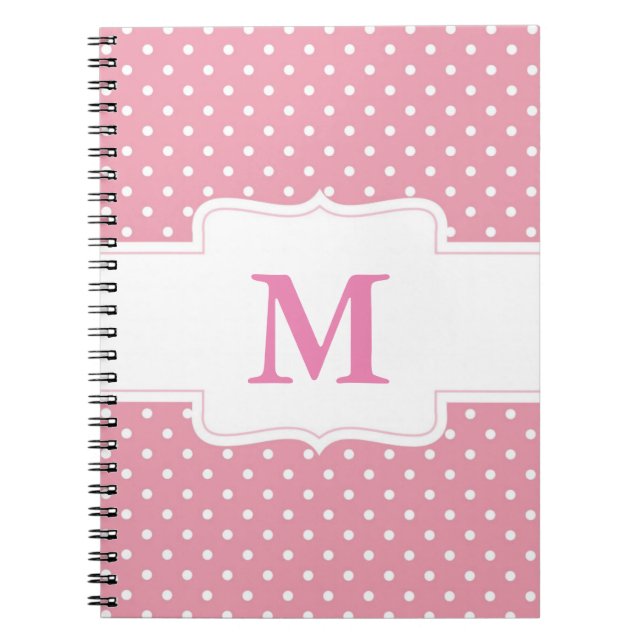 Caderno Espiral Bolinhas brancas e rosa personalizadas monogramas (Frente)