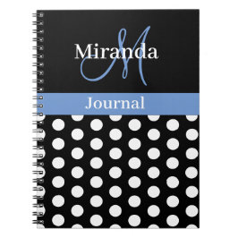 Caderno Espiral Bolinhas de Script do Monograma Azul Branco Preto