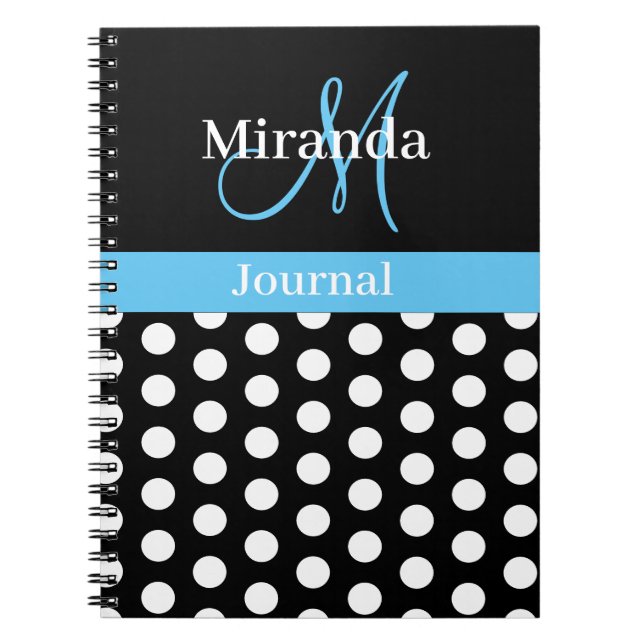 Caderno Espiral Bolinhas de Script do Monograma Azul do Céu Branco (Frente)