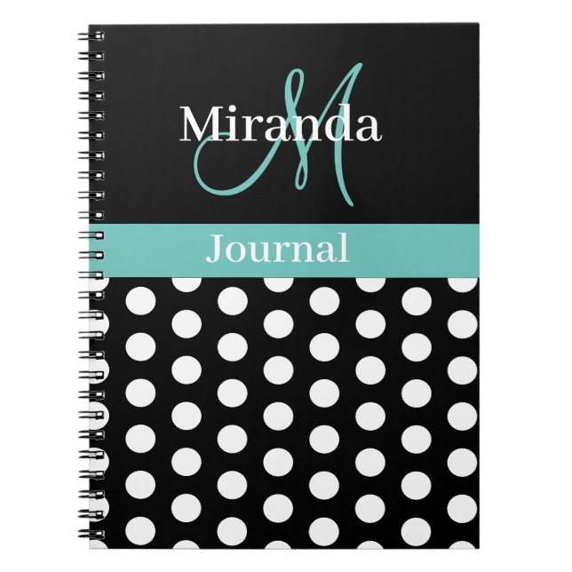 Caderno Espiral Bolinhas de Script Verde de Teto Branco Preto (Frente)