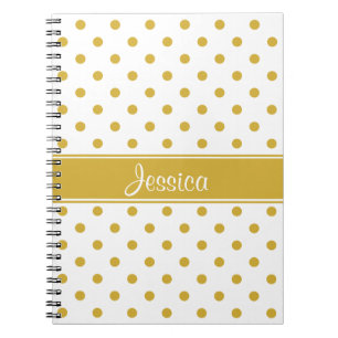 Caderno Espiral Bolinhas Dourados chique branco no nome