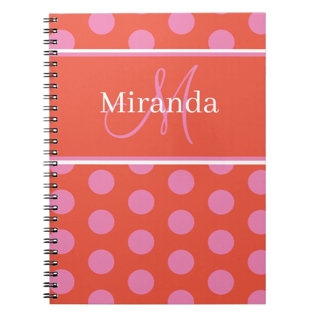 Caderno Espiral Bolinhas Laranja Cor-de-Rosa Monograma de Script (Frente)