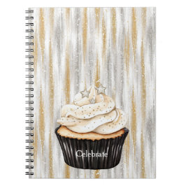 Caderno Espiral Bolo de Celebrar Estrelas Prata Dourado Glamouroso