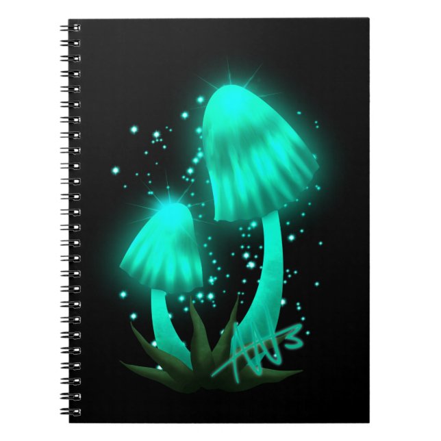 Caderno Espiral Boné Pixie Psicodélico Brilhando Cogumelo Ciano (Frente)