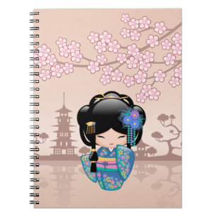 Caderno Espiral Boneca de Keiko Kokeshi - menina de gueixa azul do