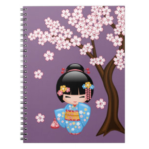 Caderno Espiral Boneca de Maiko Kokeshi - menina de gueixa azul do