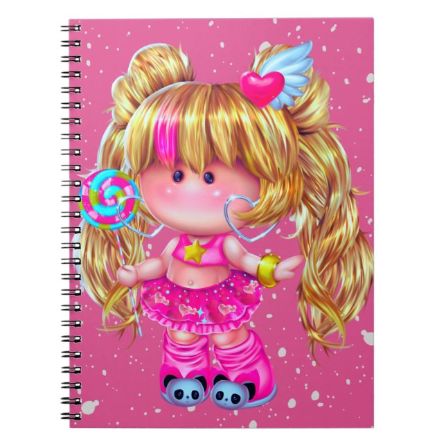 Caderno Espiral Boneca Kawaii rosa-branca (Frente)