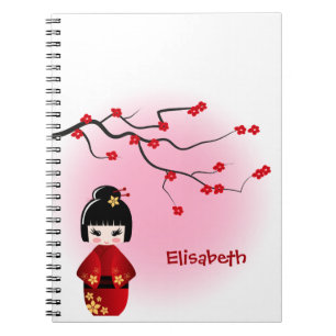 Caderno Espiral Boneca kokeshi japonesa em sakura floresce