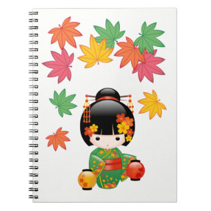 Caderno Espiral Boneca Kokeshi verde Kimono Geisha