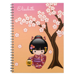 Caderno Espiral Boneca Sakura Kokeshi - Garota Geisha em Pêssego