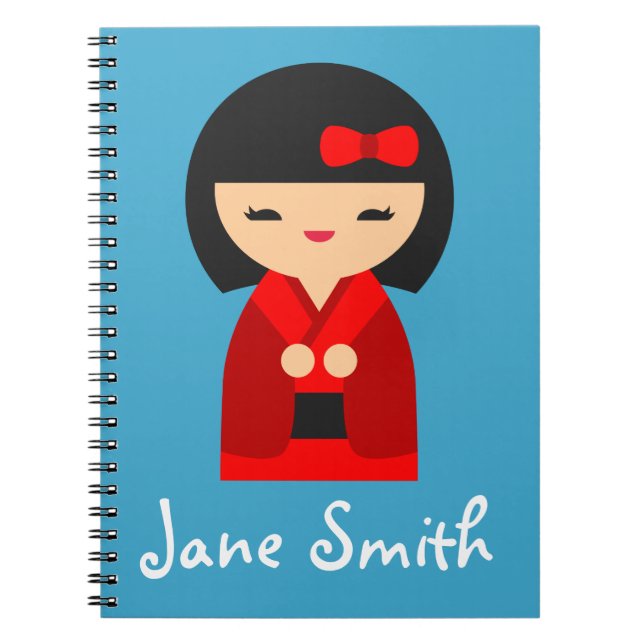 Caderno Espiral Bonecas japonesas laranja-brancas Kokeshi (Frente)