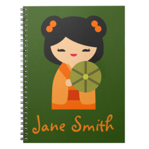 Caderno Espiral Bonecas japonesas laranja-brancas Kokeshi