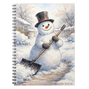 Caderno Espiral Boneco de Neve Alegre Escavando Neve Aquarela de I